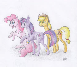 Size: 2220x1931 | Tagged: safe, artist:broadwaywolf, derpibooru import, applejack, pinkie pie, twilight sparkle, unicorn twilight, earth pony, pony, unicorn, traditional art, trio