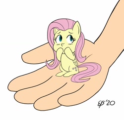 Size: 900x873 | Tagged: safe, artist:cartoon-eric, derpibooru import, fluttershy, human, pegasus, pony, blushing, chibi, covering mouth, cute, disembodied hand, female, folded wings, hand, in goliath's palm, looking away, looking up, mare, micro, raised hoof, shyabetes, simple background, sitting, solo, tiny, tiny ponies, white background, wings