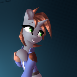 Size: 2300x2300 | Tagged: safe, artist:shido-tara, derpibooru import, oc, oc only, oc:littlepip, pony, unicorn, fallout equestria, clothes, fanfic, fanfic art, female, grin, hooves, horn, mare, pipbuck, simple background, smiling, solo, vault suit