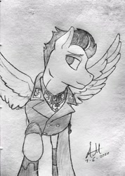 Size: 634x888 | Tagged: safe, artist:biergarten13, derpibooru import, ace, oc, oc:windburst, pegasus, fallout equestria, fallout equestria: ghosts of the past, fallout equestria: project horizons, 202nd, clothes, colonel, egotistical, fanfic art, fighter pilot, officer, spread wings, traditional art, uniform, wings