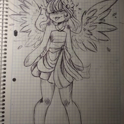 Size: 1080x1080 | Tagged: safe, artist:nickellmollibden134, derpibooru import, oc, oc only, anthro, pegasus, :p, blushing, clothes, ear fluff, eyes closed, graph paper, pegasus oc, skirt, spread wings, tongue out, traditional art, wings