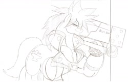 Size: 1280x823 | Tagged: safe, artist:droll3, derpibooru import, earth pony, pony, crossover, guilty gear, monochrome, ponified, simple background, sketch, sol badguy, steel, traditional art, weapon, white background, xrd