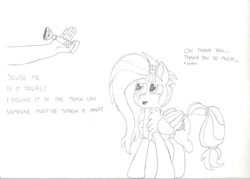 Size: 960x686 | Tagged: safe, artist:laurelcrown, derpibooru import, kerfuffle, oc, pegasus, pony, rainbow roadtrip, black and white, grayscale, monochrome, pencil drawing, solo, traditional art, wholesome