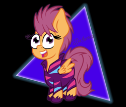 Size: 1542x1305 | Tagged: safe, artist:puperhamster, derpibooru import, scootaloo, pegasus, pony, the show stoppers, abstract background, alternate hairstyle, clothes, cute, cutealoo, female, filly, show stopper outfits, simple background, solo