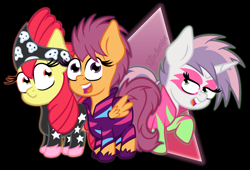 Size: 2200x1500 | Tagged: safe, artist:puperhamster, derpibooru import, apple bloom, scootaloo, sweetie belle, earth pony, pegasus, pony, unicorn, the show stoppers, abstract background, adorabloom, alternate hairstyle, clothes, cute, cutealoo, cutie mark crusaders, diasweetes, female, filly, show stopper outfits, trio