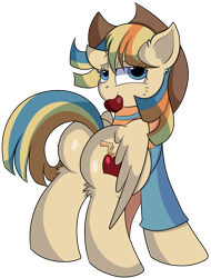 Size: 1280x1680 | Tagged: safe, artist:rainbowtashie, derpibooru import, bailey sweet, braeburn, pegasus, pony, apple, butt, clothes, commissioner:bigonionbean, cowboy hat, cutie mark, extra thicc, female, flank, food, fruit, fusion, hat, herbivore, jumpsuit, mare, plot, rule 63, seductive look, seductive pose, simple background, stetson, thicc ass, transparent background, wind waker (character), writer:bigonionbean