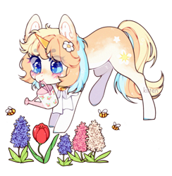 Size: 1129x1159 | Tagged: safe, artist:kitten-in-the-jar, derpibooru import, oc, oc:soleil, bee, insect, unicorn, female, flower, mare, mouth hold, simple background, solo, transparent background, watering can