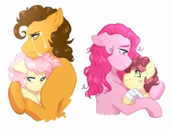 Size: 1280x960 | Tagged: safe, artist:vennyredmoon, derpibooru import, cheese sandwich, li'l cheese, pinkie pie, oc, oc:macaroni, earth pony, pony, the last problem, crying, divorce, hug, offspring, parent:cheese sandwich, parent:pinkie pie, parents:cheesepie, pinkamena diane pie, simple background, white background