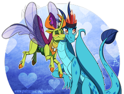 Size: 1904x1436 | Tagged: safe, artist:inuhoshi-to-darkpen, derpibooru import, dragon lord ember, princess ember, thorax, changedling, changeling, dragon, blushing, digital art, dragoness, embrax, exoskeleton, female, king thorax, male, nuzzling, shipping, simple background, smiling, straight, transparent background