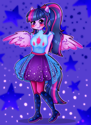 Size: 1100x1500 | Tagged: safe, artist:meqiopeach, derpibooru exclusive, derpibooru import, sci-twi, twilight sparkle, twilight sparkle (alicorn), alicorn, better together, equestria girls, blushing, clothes, looking at you, ponied up, ponytail, shoes, simple background, skirt, smiling, solo, spread wings, wings