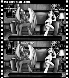 Size: 1500x1680 | Tagged: safe, artist:jamescorck, derpibooru import, oc, oc:jamesy, oc:movie slate, griffon, pony, unicorn, female, mare, monochrome, roma (movie)