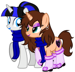 Size: 4138x4000 | Tagged: safe, artist:severity-gray, derpibooru import, oc, oc:chloe adore, oc:coldlight bluestar, pony, unicorn, absurd resolution, boots, clothes, couple, cute, cutie mark, eyeshadow, female, lesbian, lipstick, makeup, mare, mistress, pair, piercing, ponytail, scarf, seductive, seductive look, shared clothing, shared scarf, shoes, simple background, submissive, transparent background