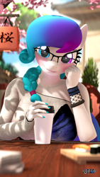 Size: 1080x1920 | Tagged: safe, artist:anthroponiessfm, derpibooru import, oc, oc:aurora starling, anthro, earth pony, 3d, adorable face, anthro oc, beautiful, blushing, braid, coffee, cute, dawwww, female, glasses, heterochromia, looking at you, ocbetes, smiling, source filmmaker