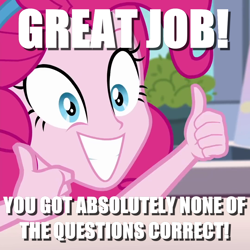 Size: 1080x1080 | Tagged: safe, derpibooru import, edit, edited screencap, screencap, pinkie pie, better together, equestria girls, bait and switch, caption, image macro, text