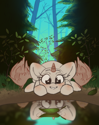 Size: 2047x2566 | Tagged: safe, artist:klooda, derpibooru import, pony, advertisement, blushing, commission, cute, detailed, detailed background, female, forest, lake, leaves, lying down, lying in grass, mare, reflection, smiling, solo, tree, your character here