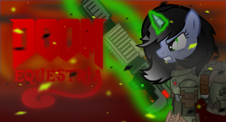 Size: 4565x2461 | Tagged: safe, artist:isaac_pony, derpibooru import, oc, oc:shainer, oc:shainer shrapnel shock, pony, unicorn, doom equestria, armor, black mane, doom, doom eternal, female, fire, green eyes, green magic, hell, magic, meme, plasma gun, rage, rage face, solo, vector