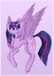 Size: 2300x3200 | Tagged: safe, artist:holoriot, derpibooru import, twilight sparkle, twilight sparkle (alicorn), alicorn, pony, colored hooves, colored pupils, ear fluff, female, high res, mare, purple background, simple background, solo, spread wings, wings