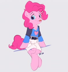 Size: 2372x2526 | Tagged: safe, artist:drafthoof, derpibooru import, pinkie pie, earth pony, pony, semi-anthro, candy, candy cane, clothes, cute, diapinkes, female, food, gray background, high res, jacket, mare, shorts, simple background, sitting, solo, tongue out