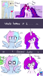 Size: 1440x2560 | Tagged: safe, artist:shinningblossom12, derpibooru import, oc, oc only, oc:anasflow maggy, oc:drawing, oc:shinning blossom, pegasus, pony, unicorn, blushing, bust, comic, dialogue, female, horn, mane swap, mare, pegasus oc, unicorn oc, white eyes, wig, wings