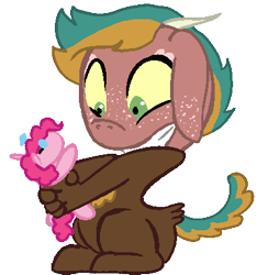 Size: 378x387 | Tagged: safe, artist:loutro, derpibooru import, pinkie pie, oc, earth pony, hybrid, pony, base used, doll, freckles, interspecies offspring, magical gay spawn, male, offspring, parent:big macintosh, parent:discord, parents:discomac, simple background, solo, toy, transparent background