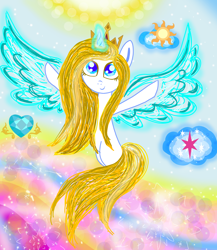 Size: 1300x1500 | Tagged: safe, artist:katya, derpibooru import, oc, oc:sparkle light, alicorn, crown, jewelry, magic, regalia, sky, solo, sun, wings