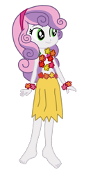 Size: 808x1508 | Tagged: safe, artist:gmaplay, derpibooru import, sweetie belle, equestria girls, barefoot, base used, beautiful, bikini, bikini top, clothes, cute, diasweetes, feet, female, flower, grass skirt, headband, hula, hulabelle, legs, lei, simple background, skirt, smiling, solo, swimsuit, transparent background, vector, wristband