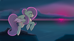 Size: 5333x3000 | Tagged: safe, artist:exploretheweb, derpibooru import, fluttershy, pegasus, pony, cloud, female, flying, mare, ocean, rock, sky, smiling, solo, sunset