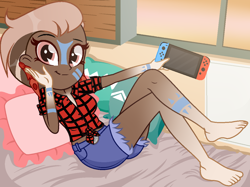 Size: 1180x884 | Tagged: safe, artist:noreentheartist, artist:virumi, derpibooru import, oc, oc only, oc:matoka, equestria girls, barefoot, base used, bed, bedroom, belt, blanket, clothes, coat markings, commission, controller, ear piercing, earring, equestria girls-ified, feather, feet, female, flannel, jewelry, joycon, nintendo, nintendo switch, piercing, pillow, shorts, solo, tattoo, window, ych result