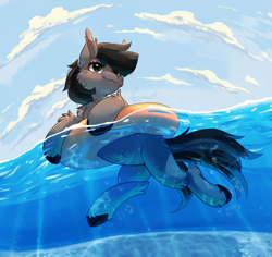 Size: 2500x2361 | Tagged: safe, artist:peachmayflower, derpibooru import, oc, oc only, oc:grey matter, earth pony, pony, cloud, floating, inner tube, solo, water