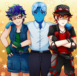 Size: 4152x4126 | Tagged: safe, artist:sho-tan-art, derpibooru import, oc, oc:damien runner, oc:saphirus, human, blue hair, blue skin, cap, clothes, commission, fingerless gloves, glasses, gloves, goggles, group photo, hades, hat, highlights, humanized, humanized oc, jewelry, lore olympus, necklace, white hair