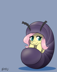 Size: 800x1000 | Tagged: safe, artist:empyu, derpibooru import, fluttershy, insect, pegasus, pony, :t, animal costume, clothes, colored pupils, costume, cute, female, gray background, looking at you, mare, pillbug, shyabetes, simple background, smiling, solo