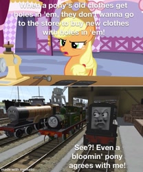 Size: 1000x1200 | Tagged: safe, derpibooru import, edit, edited screencap, screencap, applejack, earth pony, pony, honest apple, benson (the stories of sodor, clothes, devious diesel, diesel, jeans, locomotive, meme, pants, ripped jeans, sodor shorts, steam engine, the stories of sodor, thomas and friends, thomas the tank engine, trainz simulator, whiff