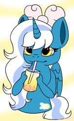 Size: 441x723 | Tagged: safe, artist:kittydlr, derpibooru import, oc, oc:fleurbelle, alicorn, adorabelle, alicorn oc, boba tea, bow, cute, drink, drinking, drinking straw, female, golden eyes, hair bow, horn, mare, wingding eyes, wings