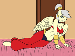 Size: 1200x900 | Tagged: safe, artist:linedraweer, derpibooru import, oc, oc:silver, anthro, anthro oc, bed, crossover, female, genie, harem outfit, lying down, shantae, shantae (character), shantae: half-genie hero, solo