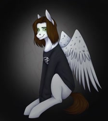 Size: 1080x1204 | Tagged: safe, artist:ash_helz, derpibooru import, oc, oc only, pegasus, pony, clothes, gradient background, pegasus oc, sitting, solo, wings