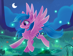 Size: 1300x1000 | Tagged: safe, artist:liquorice_sweet, derpibooru import, firefly, firefly (insect), insect, pegasus, female, grass, grass field, mare, moon, night