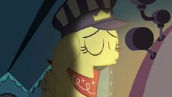 Size: 854x480 | Tagged: safe, derpibooru import, screencap, fluttershy, pegasus, pony, mmmystery on the friendship express, disguise, eyes closed, hat, relieved, train, train conductor