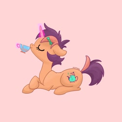 Size: 2048x2048 | Tagged: safe, artist:pfeffaroo, derpibooru import, oc, oc only, oc:kettle chip, pony, unicorn, cup, eyes closed, female, hair accessory, magic, mare, ponysona, simple background, sipping, solo, teacup, telekinesis