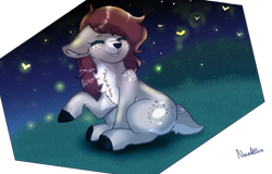 Size: 897x573 | Tagged: safe, artist:naaltive, derpibooru import, oc, oc only, oc:cinnamon rose, deer, firefly (insect), insect, butt freckles, eyes closed, freckles, night, raised hoof, simple background, sitting, solo, tongue out, transparent background