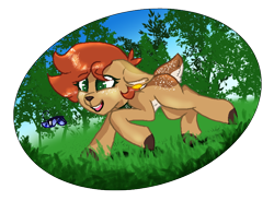 Size: 768x564 | Tagged: safe, artist:naaltive, derpibooru import, oc, oc only, oc:ambii, butterfly, deer, butt freckles, ear piercing, earring, freckles, grass, jewelry, piercing, running, simple background, solo, transparent background