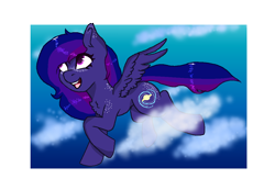 Size: 1076x744 | Tagged: safe, artist:naaltive, derpibooru import, oc, oc:circinus, pegasus, cloud, flying, freckles, happy, sky, solo