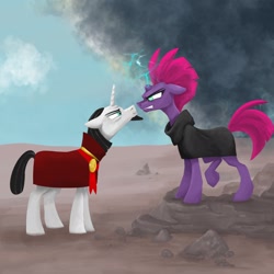 Size: 2048x2048 | Tagged: safe, artist:pfeffaroo, derpibooru import, chancellor neighsay, fizzlepop berrytwist, tempest shadow, pony, unicorn, angry, broken horn, clothes, duo, faceoff, female, floppy ears, horn, male, mare, scenery, stallion