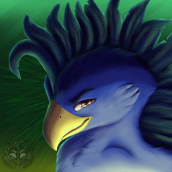 Size: 800x800 | Tagged: safe, artist:sursiq, derpibooru import, oc, classical hippogriff, hippogriff, beak, blue, bust, painted, portrait, smiling, smirk, solo