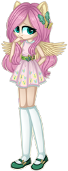 Size: 1280x3189 | Tagged: safe, artist:fantarianna, derpibooru import, fluttershy, human, clothes, dress, eared humanization, female, hair ornament, humanized, kneesocks, looking at you, mary janes, pink dress, plaid skirt, shoes, simple background, socks, solo, standing, transparent background, winged humanization, wings