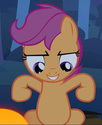 Size: 762x939 | Tagged: safe, derpibooru import, screencap, scootaloo, sleepless in ponyville, confident, cropped, flexing, smiling, solo