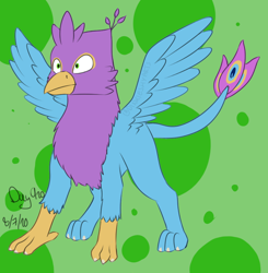Size: 856x875 | Tagged: safe, artist:dinkieshy, derpibooru import, oc, oc:gyro feather, oc:gyro tech, griffon, beak, feathered wings, feral, griffonized, male, peacock gryphon, solo, species swap, tail, talons, tufted tail, wings