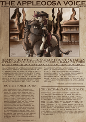 Size: 2480x3508 | Tagged: safe, artist:jamescorck, derpibooru import, oc, oc only, oc:appleale, oc:flashflood, buffalo, earth pony, appleloosa, cavalry, cavalry hat, female, gun, headline, mare, mount, newspaper, tommy gun