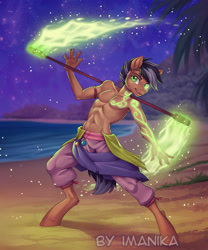 Size: 717x861 | Tagged: safe, alternate version, artist:imanika, derpibooru import, oc, oc only, anthro, earth pony, unguligrade anthro, beach, clothes, commission, digital art, fire, glow, looking at you, magic, male, ocean, pants, partial nudity, solo, topless, tree, ych result