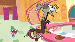 Size: 1366x768 | Tagged: safe, derpibooru import, screencap, discord, spike, draconequus, dragon, discord's peak, my little pony: pony life, spoiler:pony life s01e14, cookie, food, plate, plate of cookies, staircase, stairs, winged spike