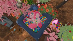 Size: 1280x720 | Tagged: safe, artist:horsesplease, derpibooru import, bubble berry, pinkie pie, bird, earth pony, pony, robot, 3d, ball pit, bubblepie, cherry blossoms, cockatoo, cuddling, dashcon, female, flower, flower blossom, gmod, male, rule 63, sakura pie, self ponidox, selfcest, shipping, sleeping, spooning, straight